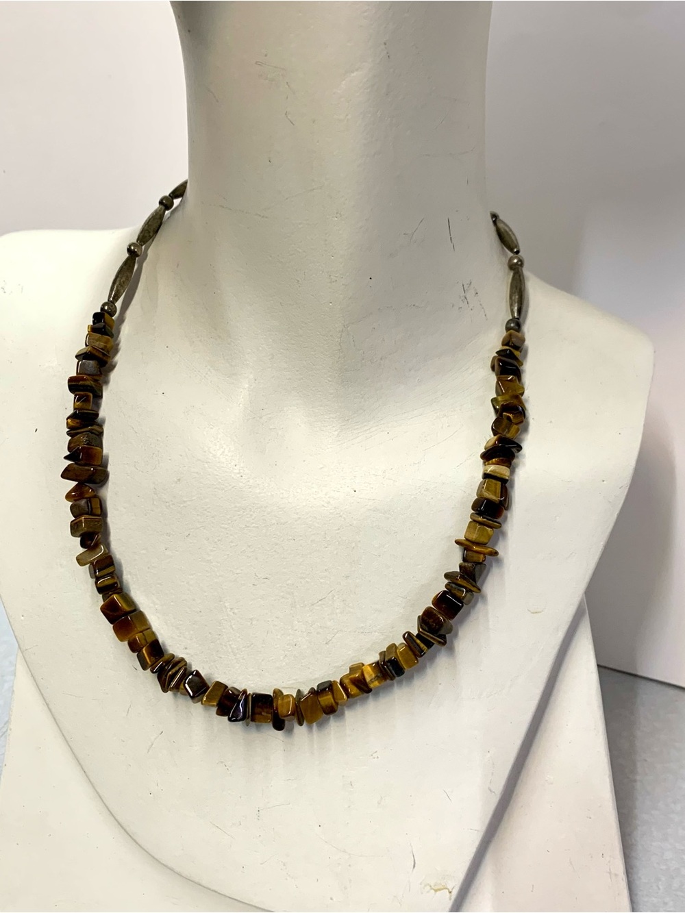 Vintage Sterling Silver Natural Tiger's Eye Chip Necklace 21" Southwestern